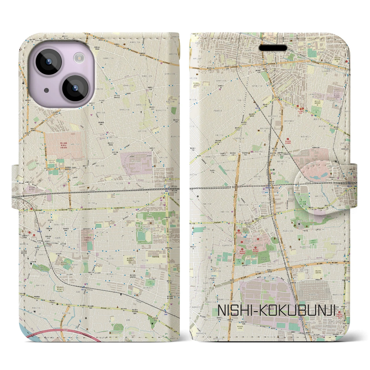 【西国分寺(東京都)】地図柄iPhoneケース(手帳タイプ)ナチュラル・iPhone 14 用