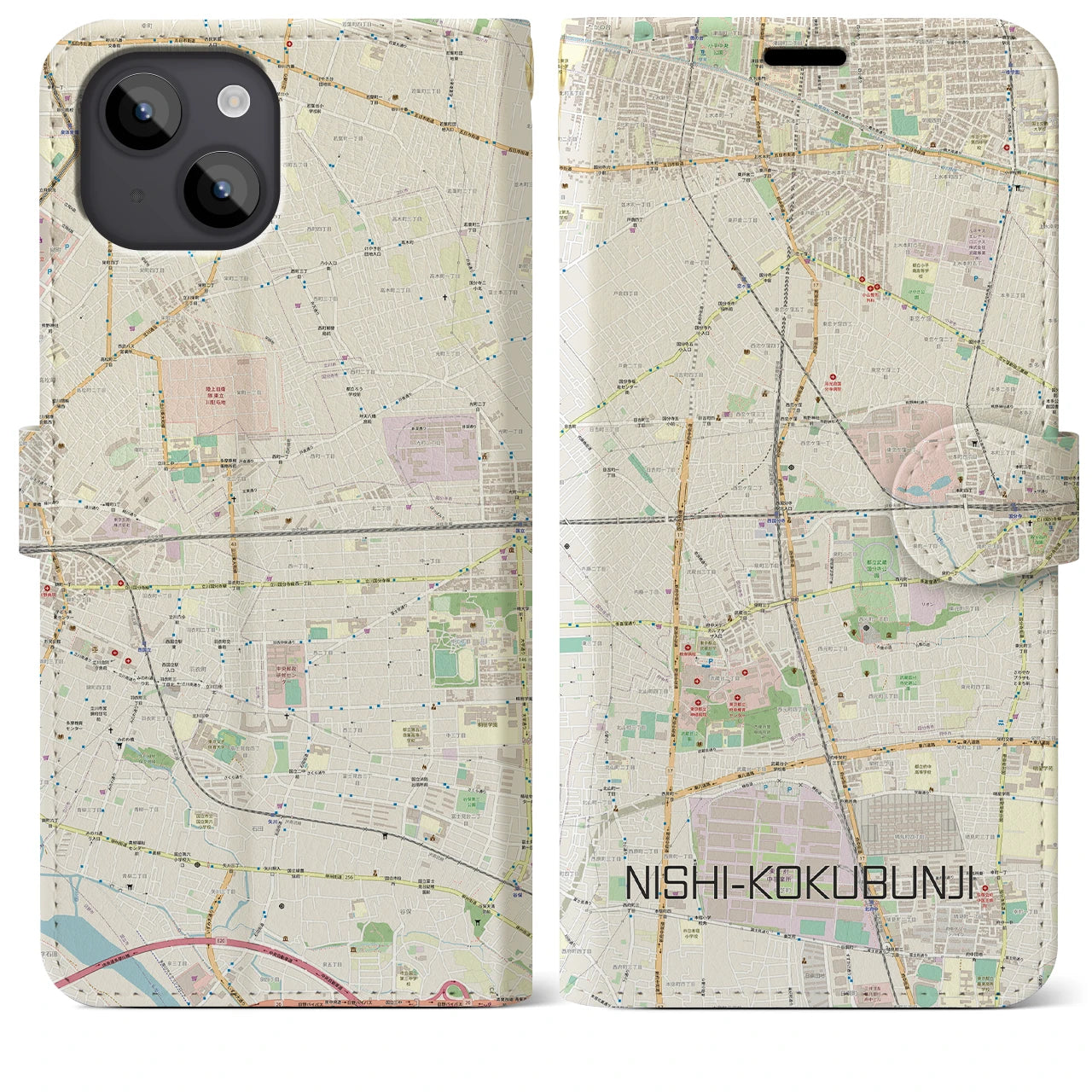 【西国分寺(東京都)】地図柄iPhoneケース(手帳タイプ)ナチュラル・iPhone 14 Plus 用