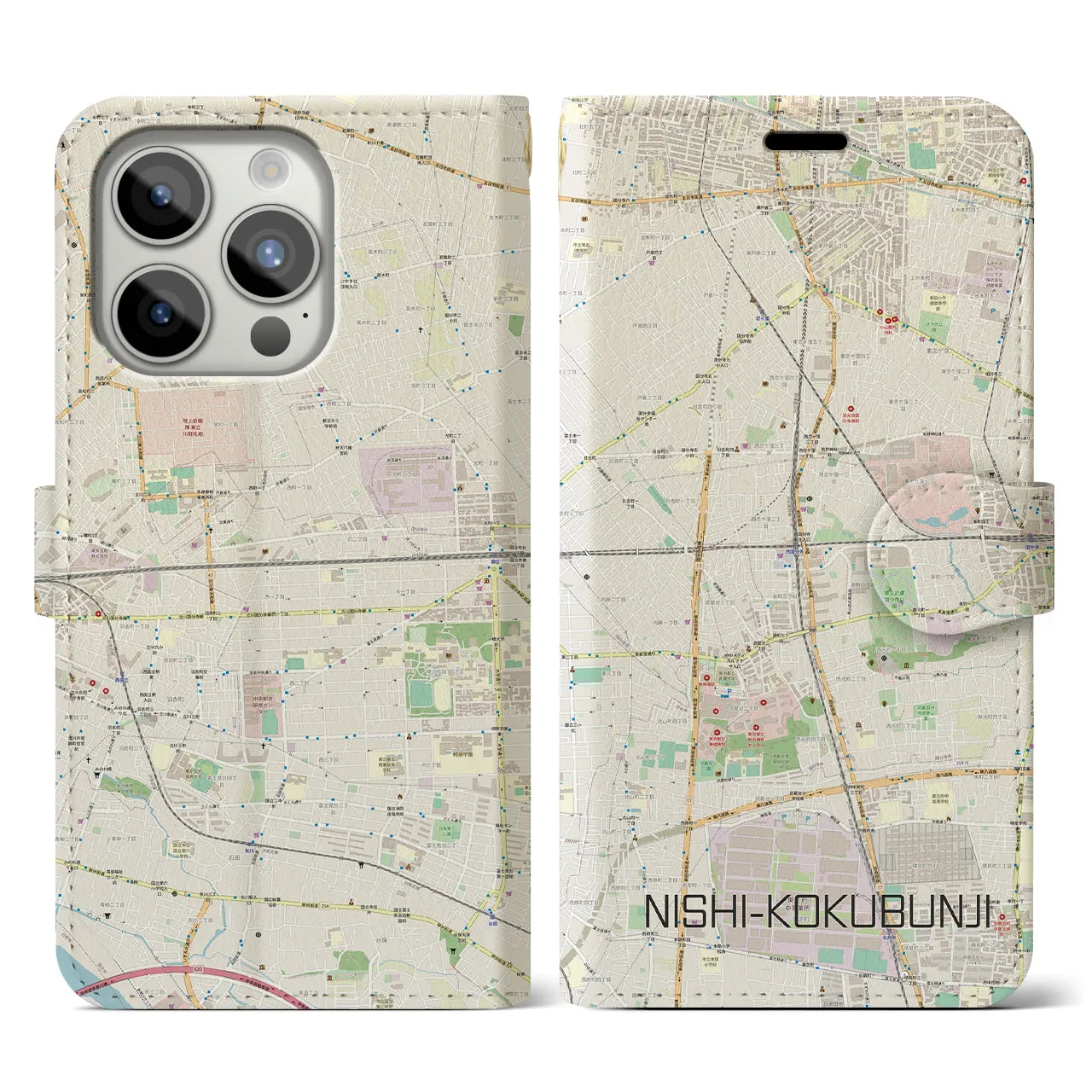 【西国分寺(東京都)】地図柄iPhoneケース(手帳タイプ)ナチュラル・iPhone 15 Pro 用