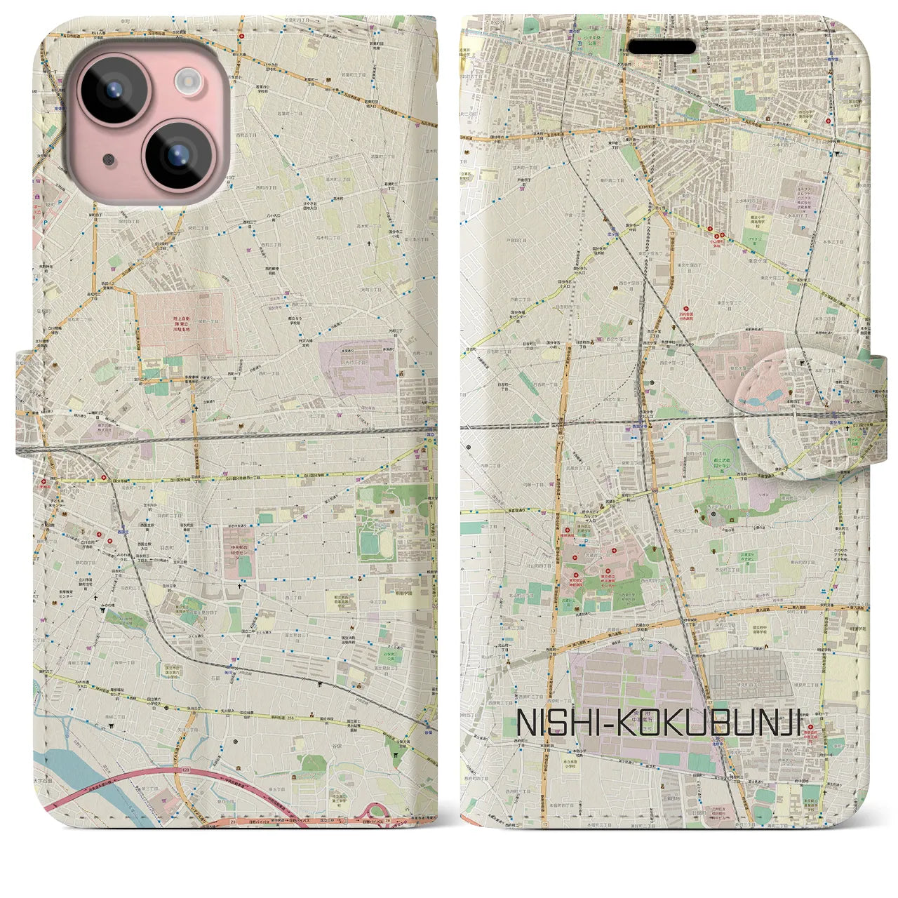 【西国分寺(東京都)】地図柄iPhoneケース(手帳タイプ)ナチュラル・iPhone 15 Plus 用