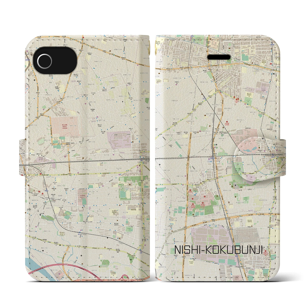 【西国分寺(東京都)】地図柄iPhoneケース(手帳タイプ)ナチュラル・iPhone SE(第3 / 第2世代) / 8 / 7 / 6s / 6 用