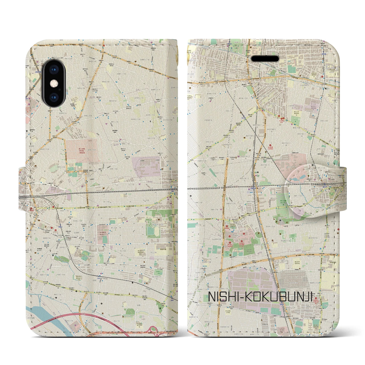【西国分寺(東京都)】地図柄iPhoneケース(手帳タイプ)ナチュラル・iPhone XS / X 用