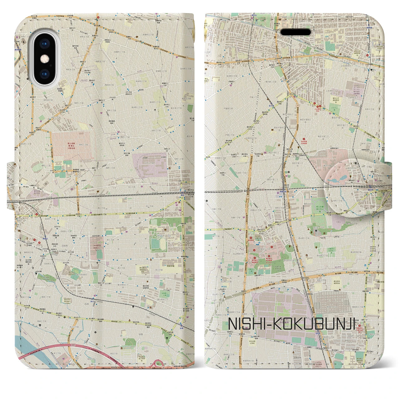 【西国分寺(東京都)】地図柄iPhoneケース(手帳タイプ)ナチュラル・iPhone XS Max 用