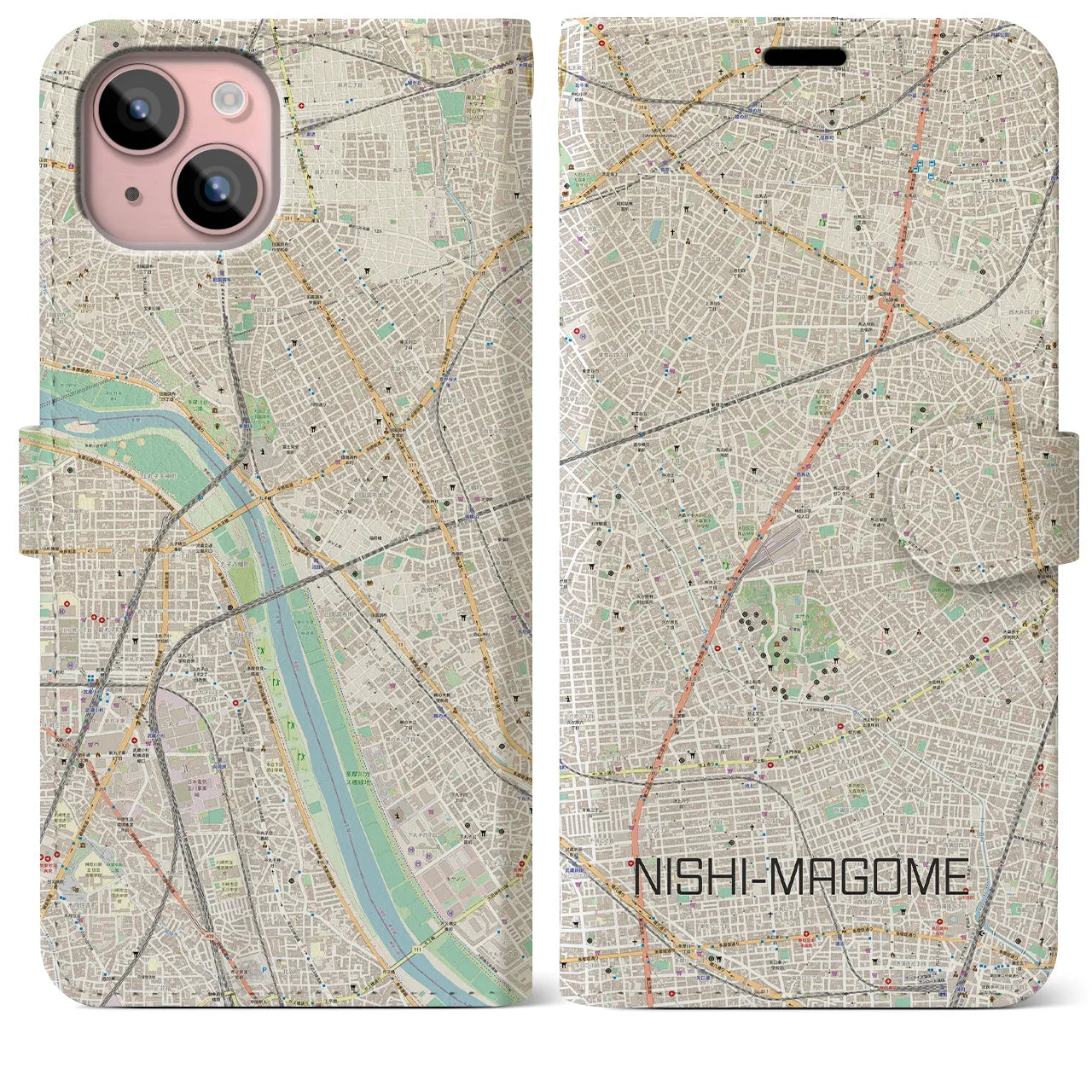 【西馬込(東京都)】地図柄iPhoneケース(手帳タイプ)ナチュラル・iPhone 15 Plus 用