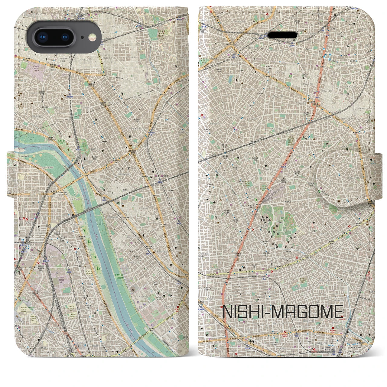 【西馬込(東京都)】地図柄iPhoneケース(手帳タイプ)ナチュラル・iPhone 8Plus /7Plus / 6sPlus / 6Plus 用