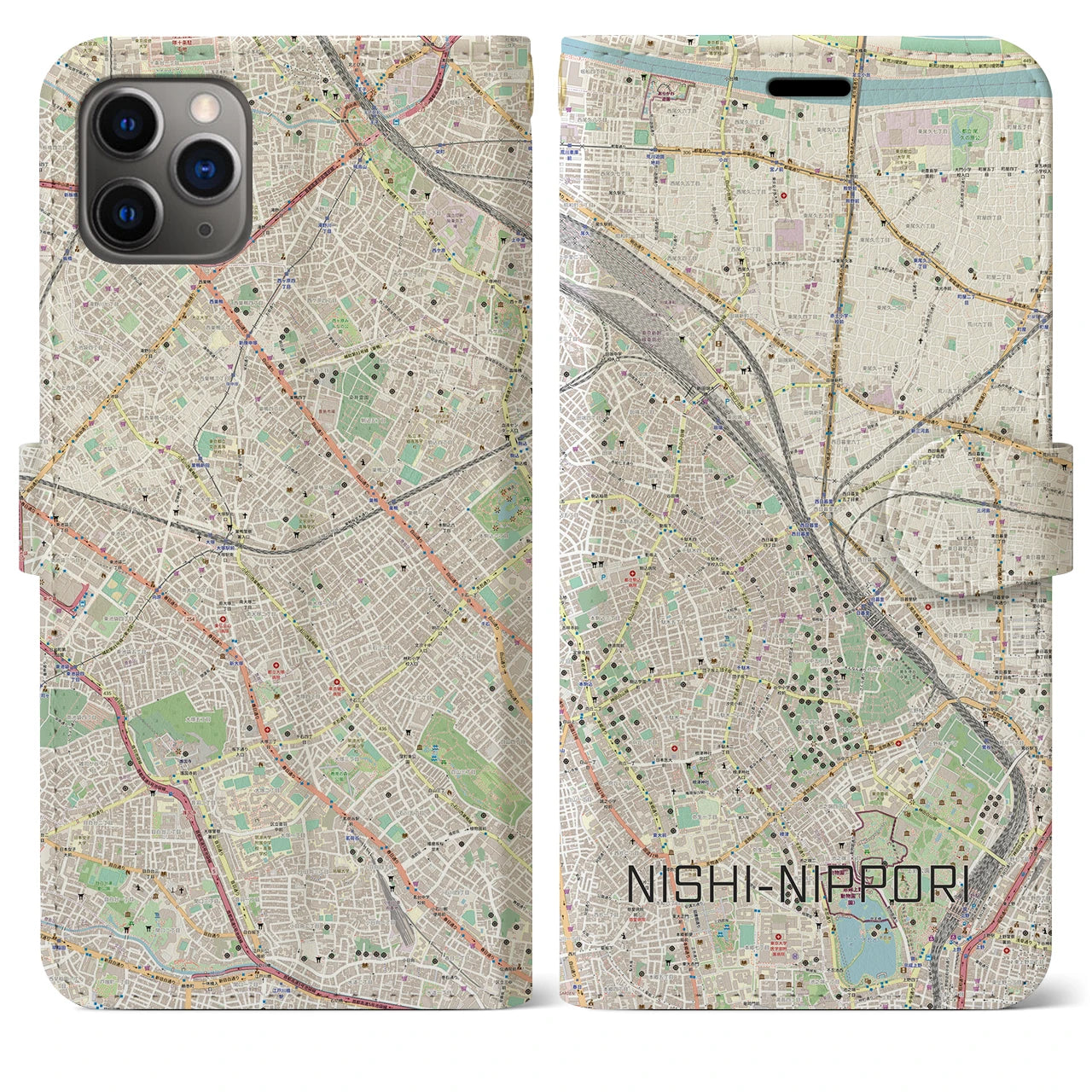 【西日暮里(東京都)】地図柄iPhoneケース(手帳タイプ)ナチュラル・iPhone 11 Pro Max 用