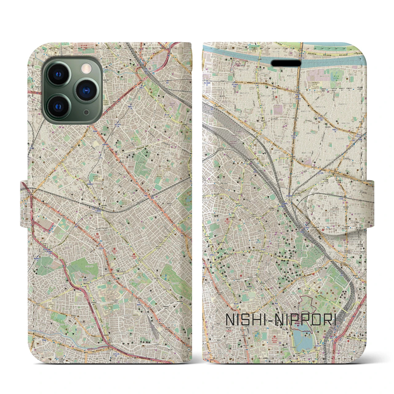 【西日暮里(東京都)】地図柄iPhoneケース(手帳タイプ)ナチュラル・iPhone 11 Pro 用