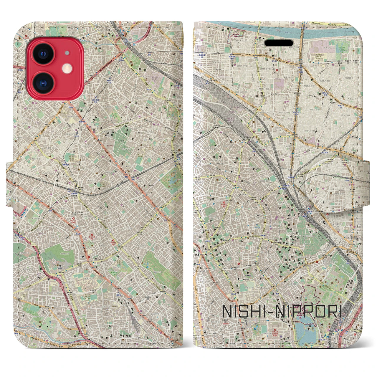 【西日暮里(東京都)】地図柄iPhoneケース(手帳タイプ)ナチュラル・iPhone 11 用