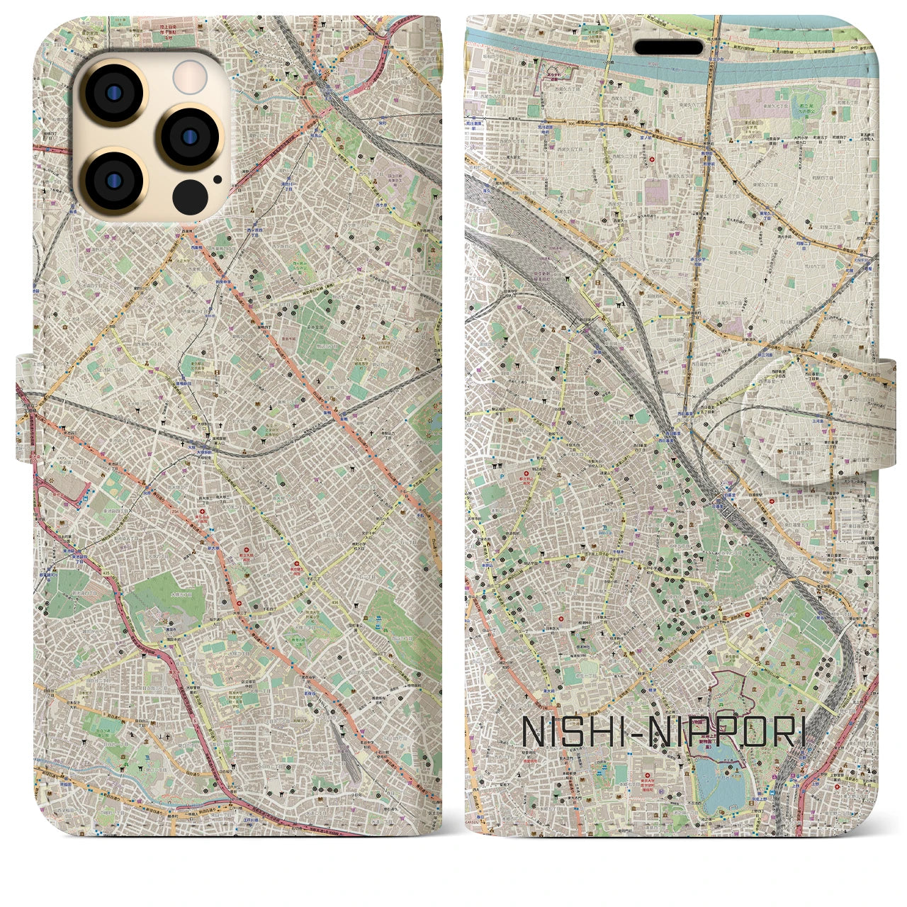 【西日暮里(東京都)】地図柄iPhoneケース(手帳タイプ)ナチュラル・iPhone 12 Pro Max 用