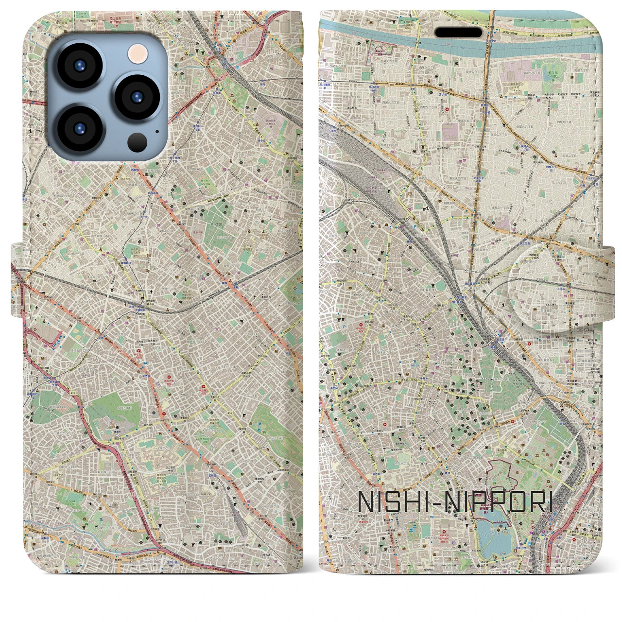 【西日暮里(東京都)】地図柄iPhoneケース(手帳タイプ)ナチュラル・iPhone 13 Pro Max 用
