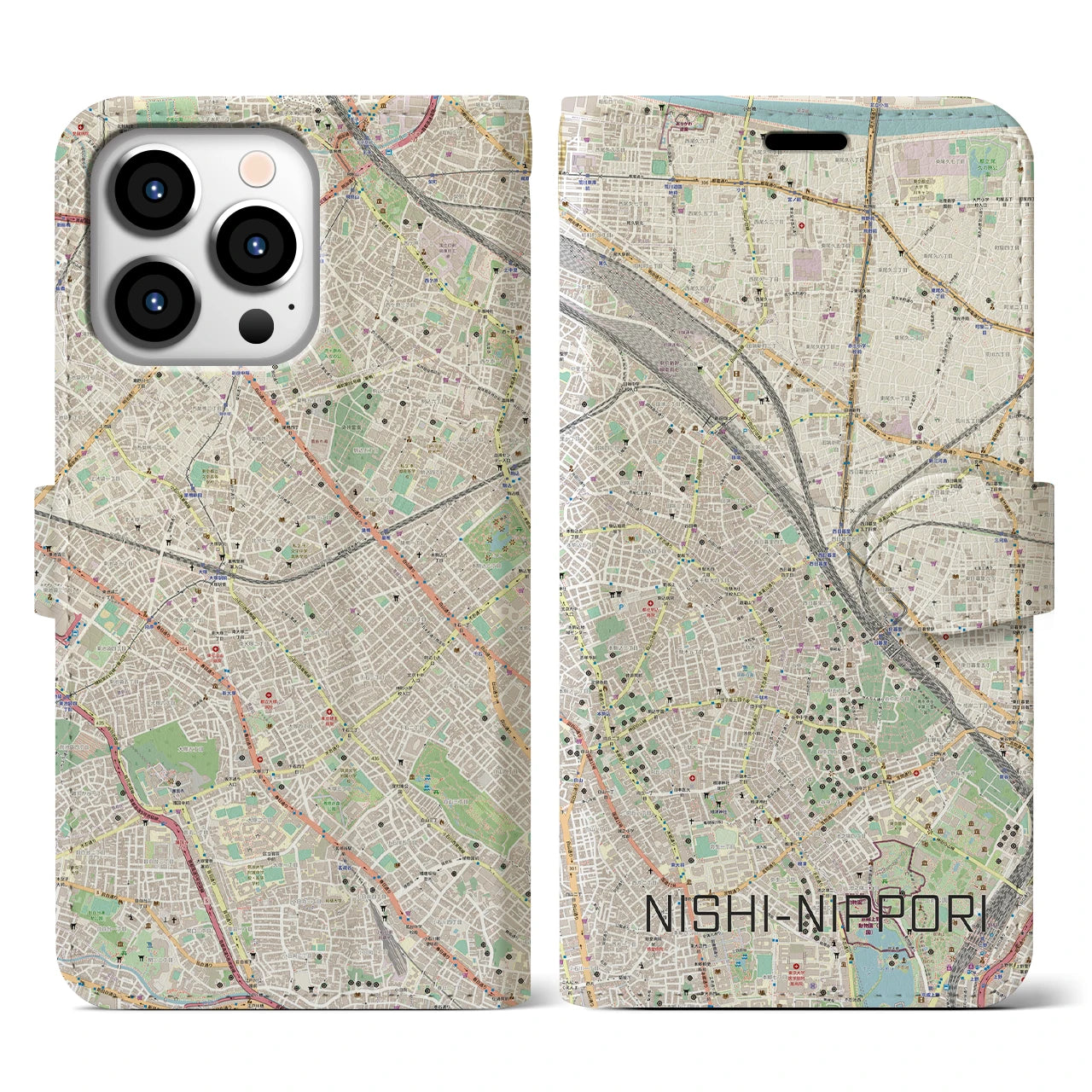 【西日暮里(東京都)】地図柄iPhoneケース(手帳タイプ)ナチュラル・iPhone 13 Pro 用