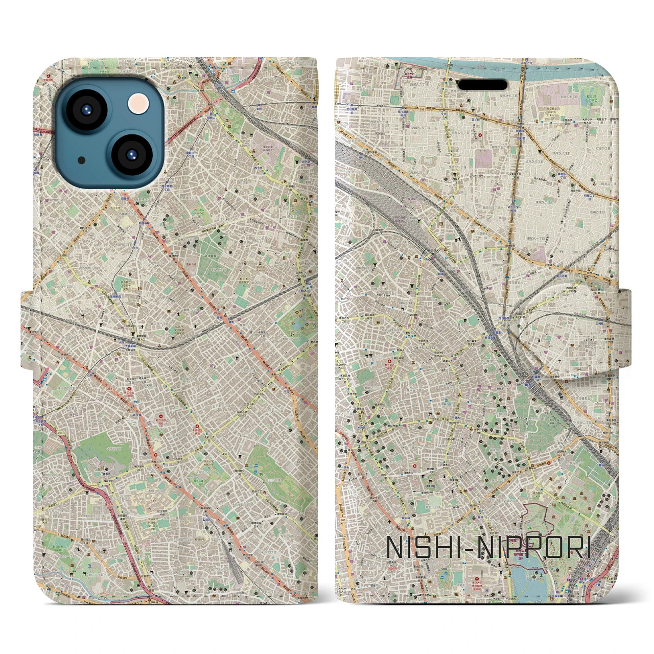 【西日暮里(東京都)】地図柄iPhoneケース(手帳タイプ)ナチュラル・iPhone 13 用
