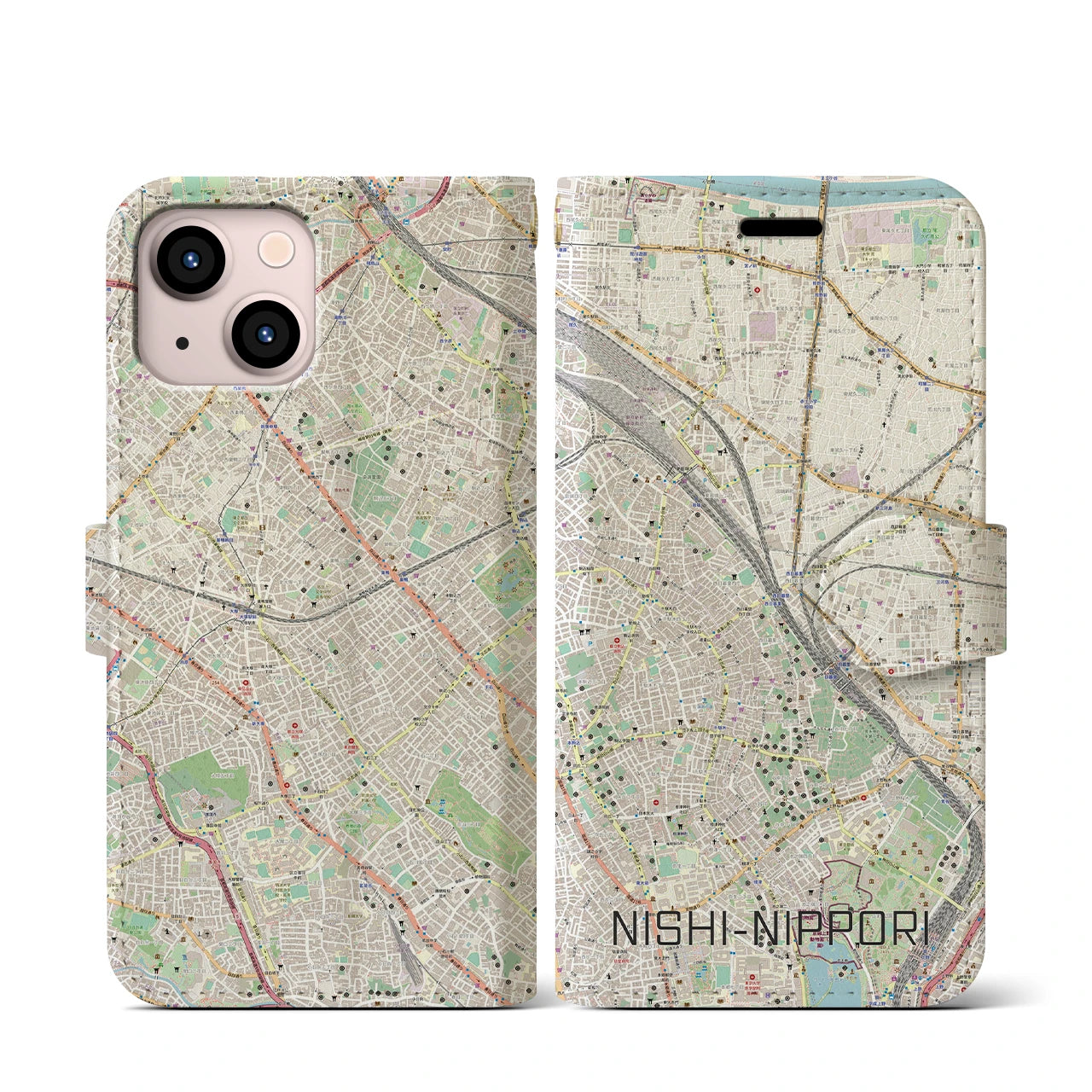 【西日暮里(東京都)】地図柄iPhoneケース(手帳タイプ)ナチュラル・iPhone 13 mini 用