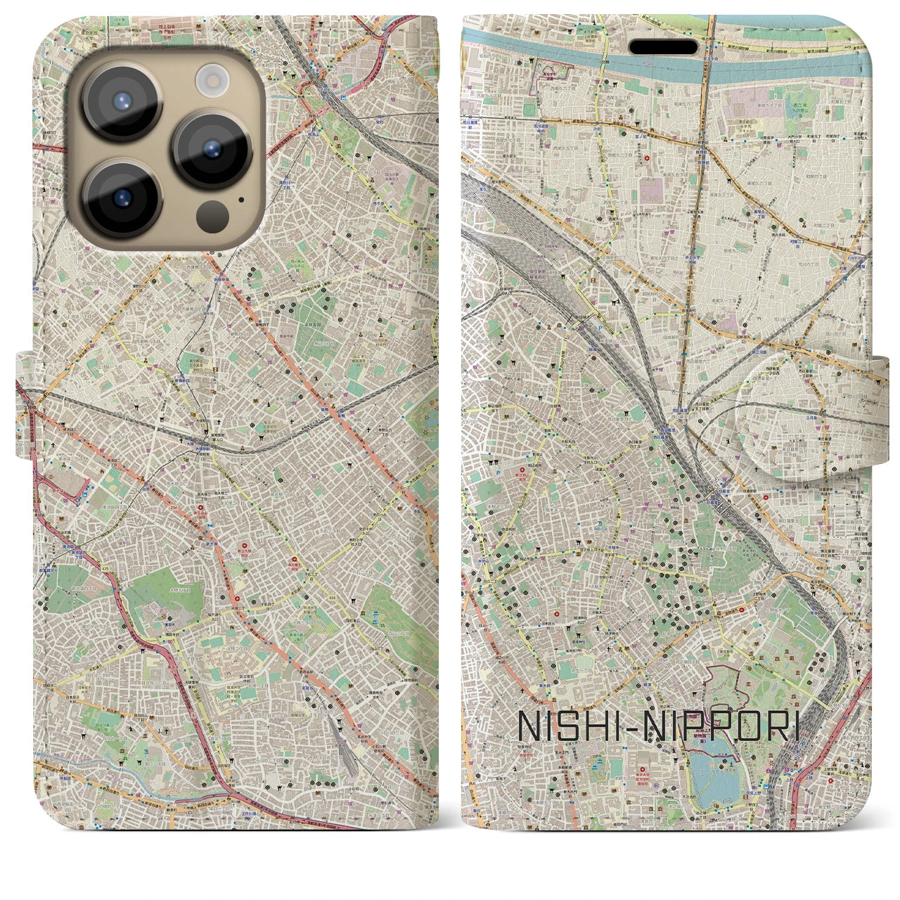 【西日暮里(東京都)】地図柄iPhoneケース(手帳タイプ)ナチュラル・iPhone 14 Pro Max 用