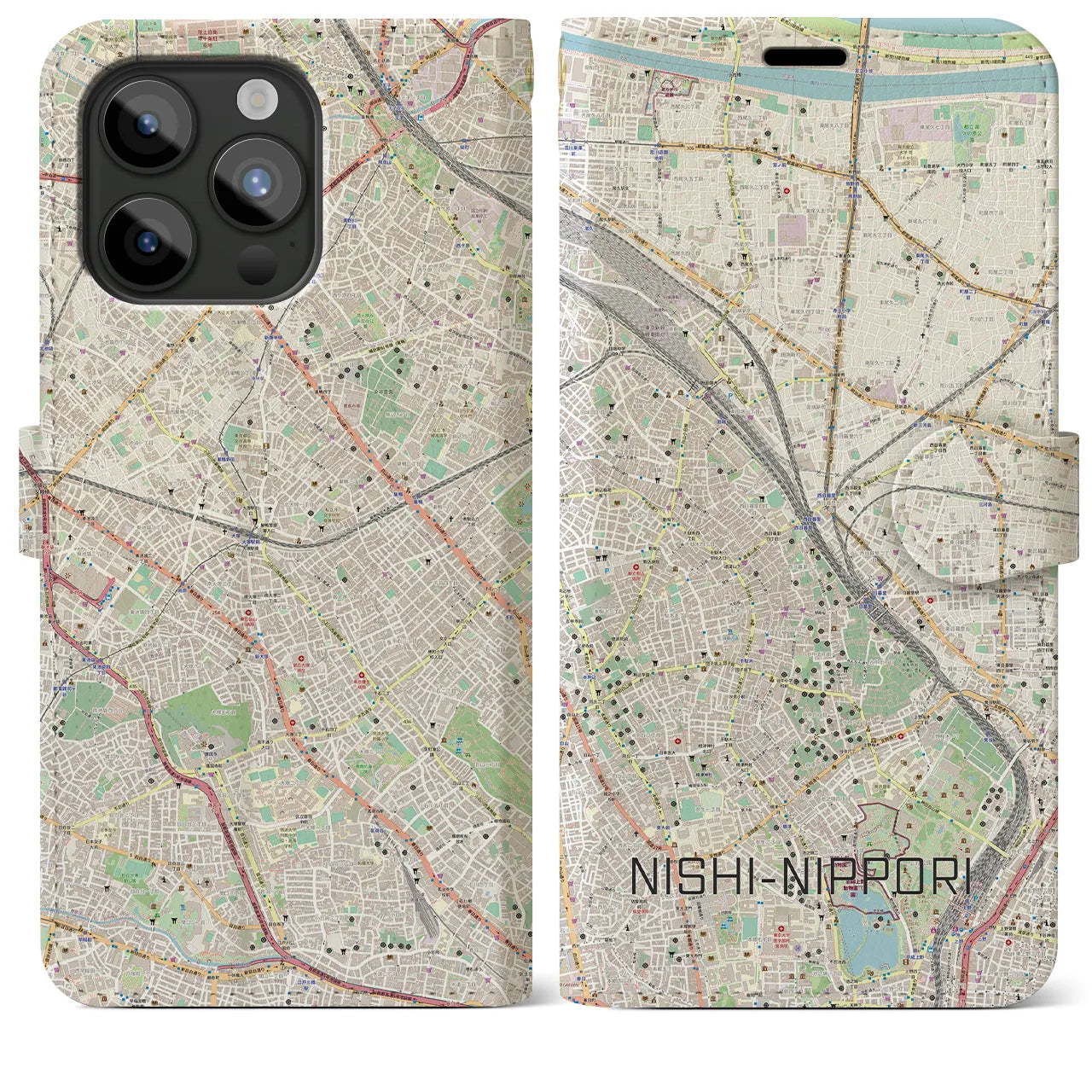 【西日暮里(東京都)】地図柄iPhoneケース(手帳タイプ)ナチュラル・iPhone 15 Pro Max 用