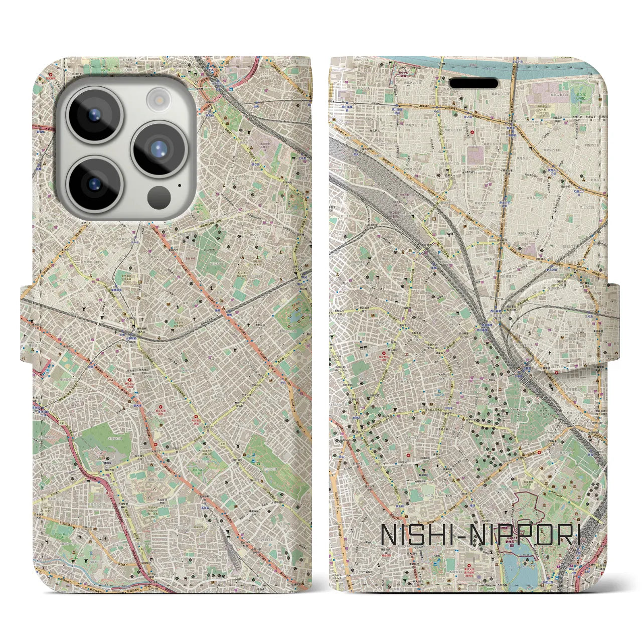 【西日暮里(東京都)】地図柄iPhoneケース(手帳タイプ)ナチュラル・iPhone 15 Pro 用