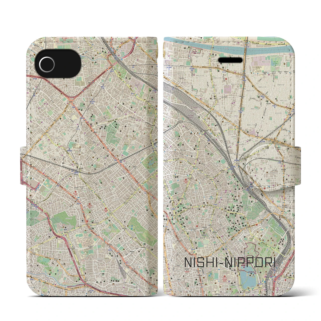 【西日暮里(東京都)】地図柄iPhoneケース(手帳タイプ)ナチュラル・iPhone SE(第3 / 第2世代) / 8 / 7 / 6s / 6 用