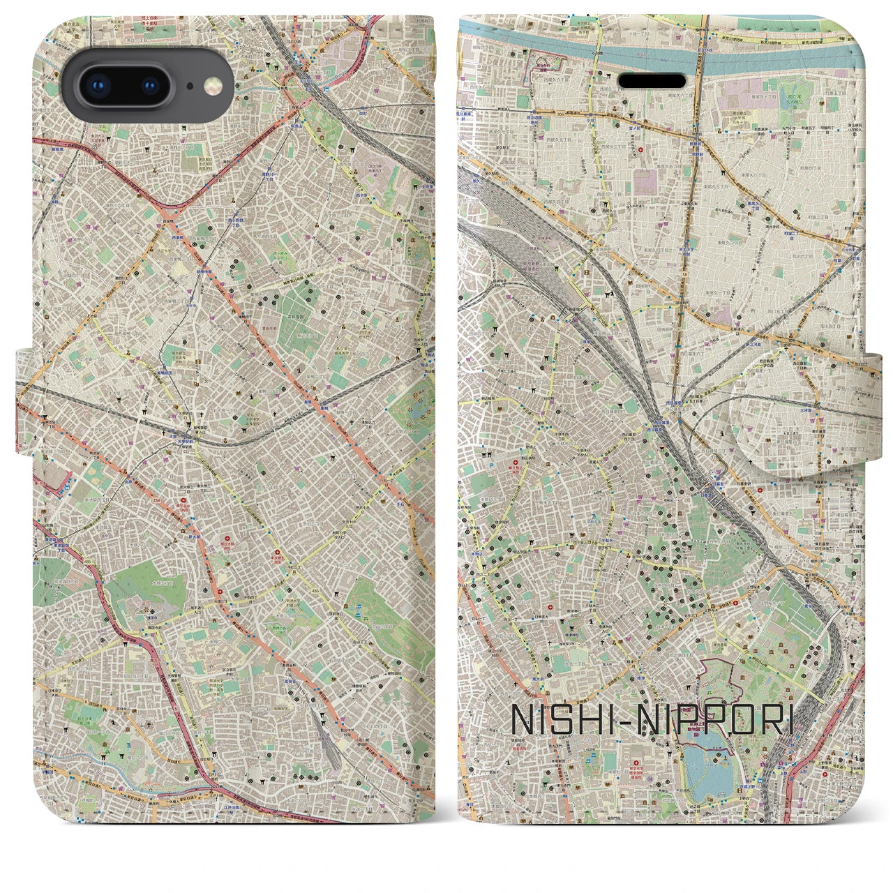 【西日暮里(東京都)】地図柄iPhoneケース(手帳タイプ)ナチュラル・iPhone 8Plus /7Plus / 6sPlus / 6Plus 用