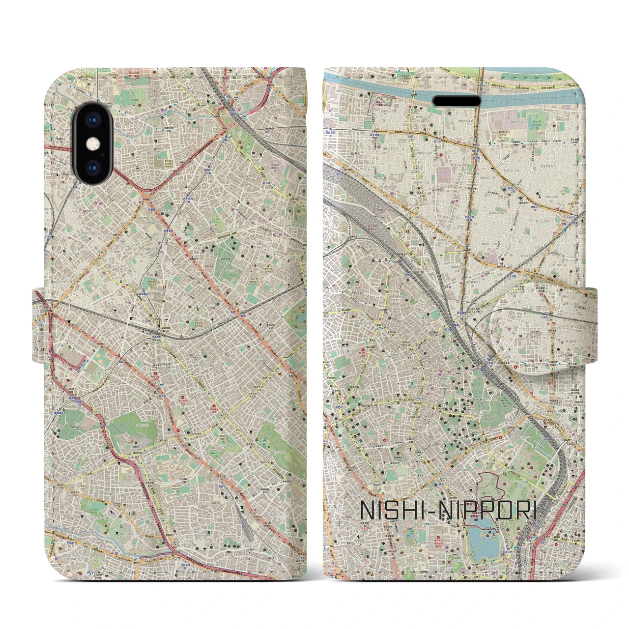 【西日暮里(東京都)】地図柄iPhoneケース(手帳タイプ)ナチュラル・iPhone XS / X 用