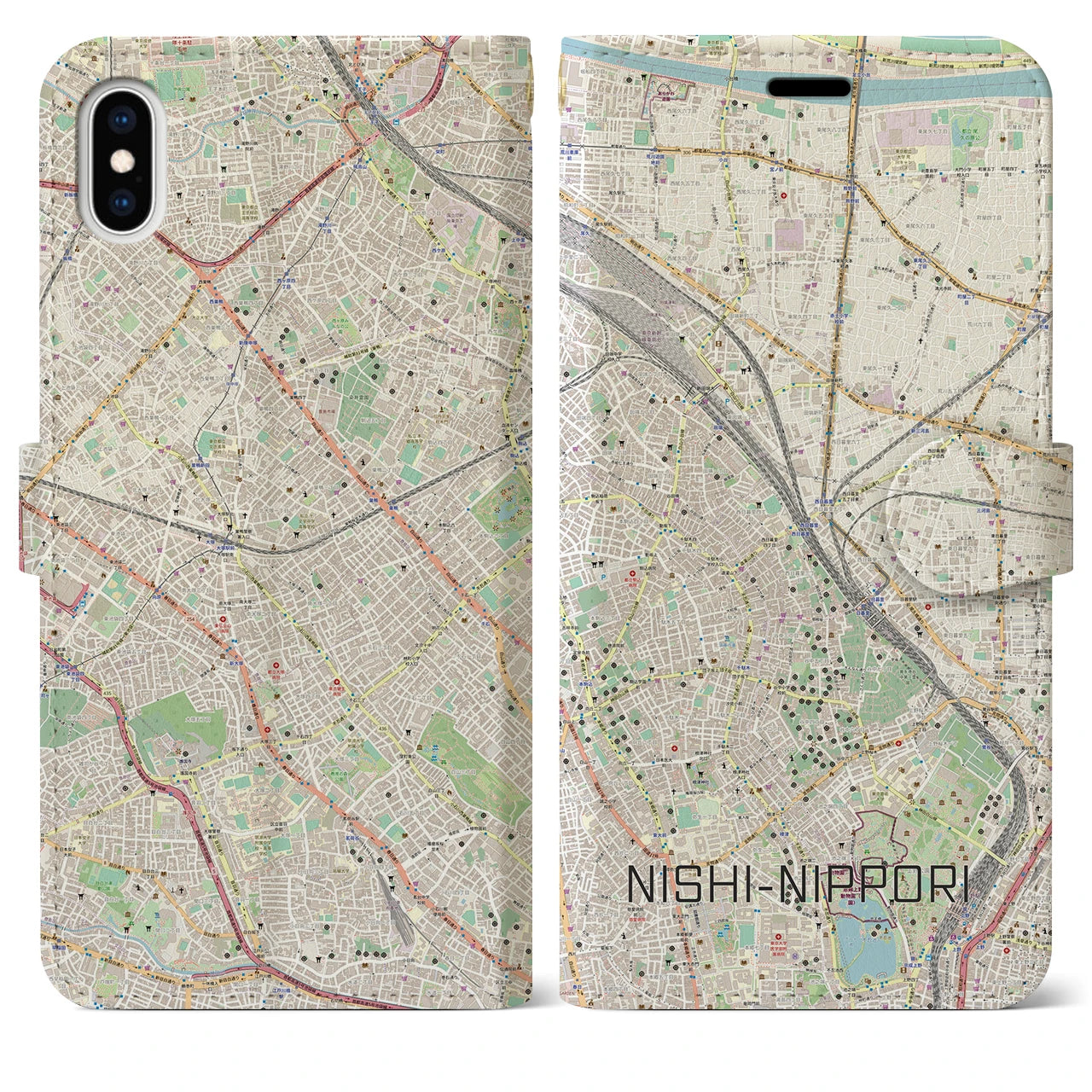 【西日暮里(東京都)】地図柄iPhoneケース(手帳タイプ)ナチュラル・iPhone XS Max 用