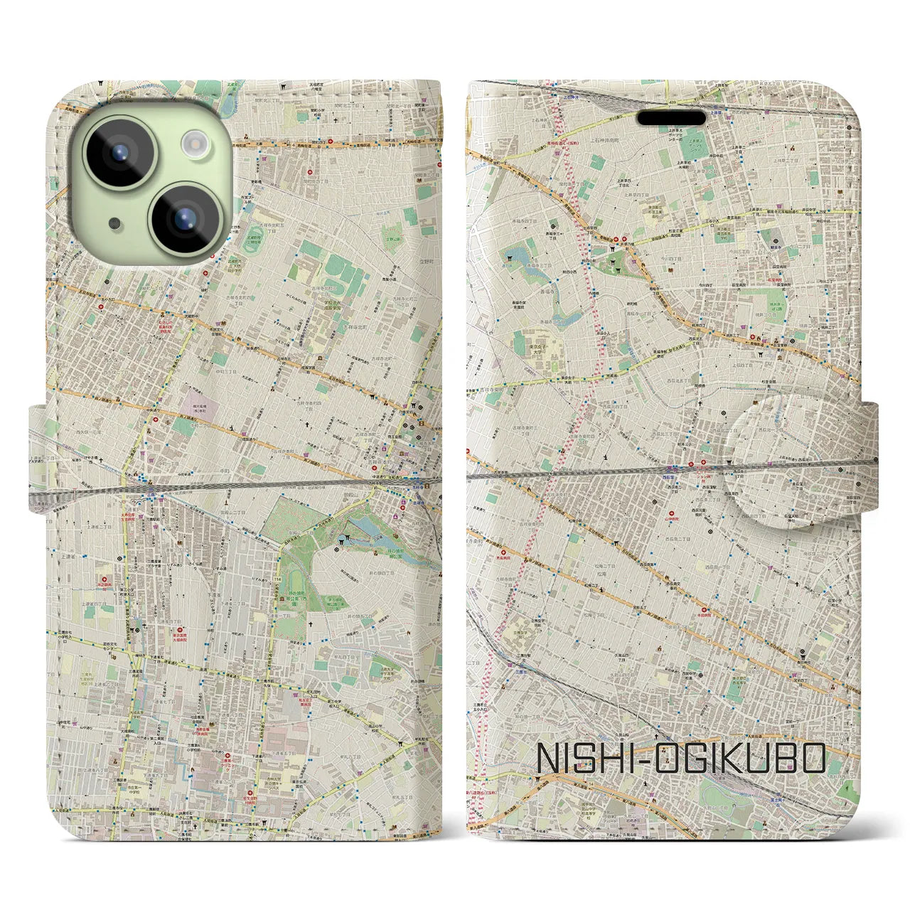 【西荻窪2(東京都)】地図柄iPhoneケース(手帳タイプ)ナチュラル・iPhone 15 用
