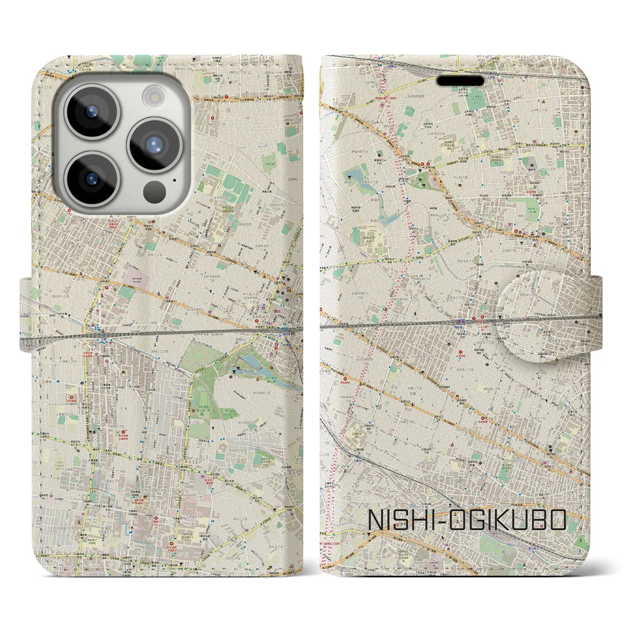 【西荻窪2(東京都)】地図柄iPhoneケース(手帳タイプ)ナチュラル・iPhone 15 Pro 用