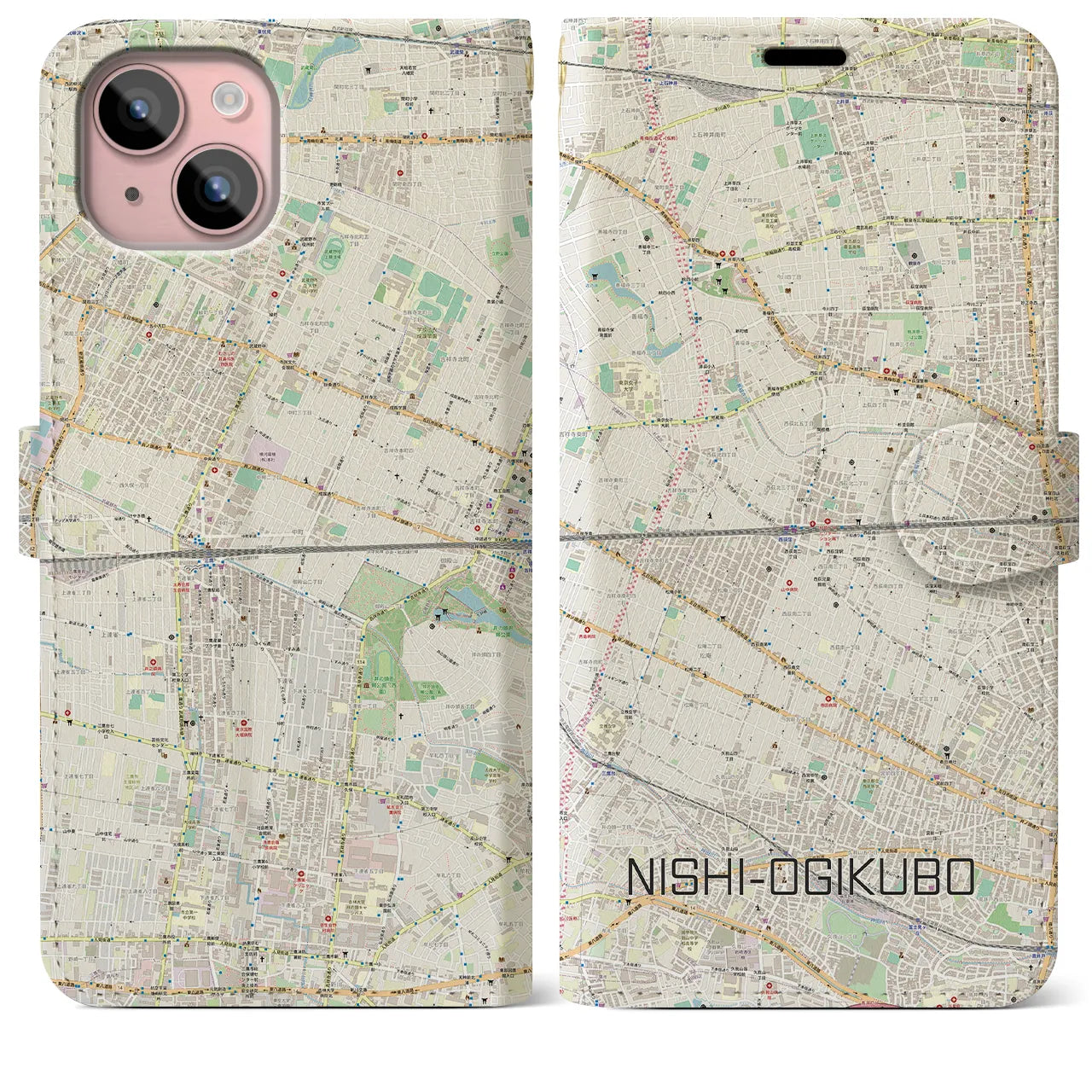 【西荻窪2(東京都)】地図柄iPhoneケース(手帳タイプ)ナチュラル・iPhone 15 Plus 用