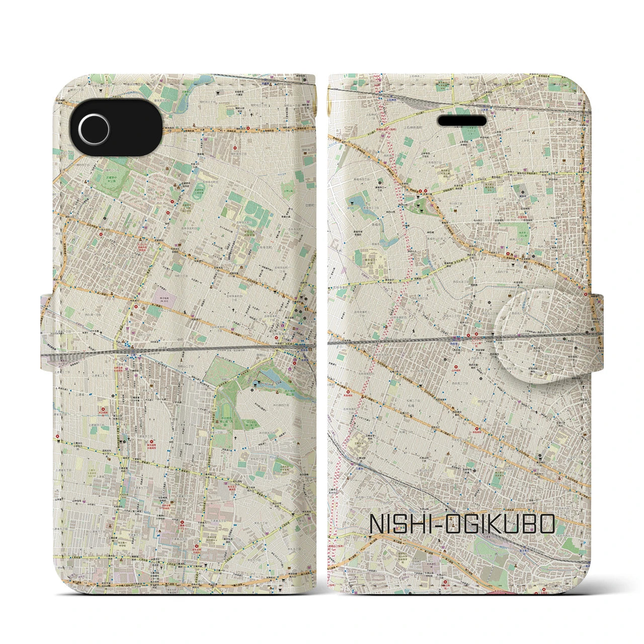 【西荻窪2(東京都)】地図柄iPhoneケース(手帳タイプ)ナチュラル・iPhone SE(第3 / 第2世代) / 8 / 7 / 6s / 6 用