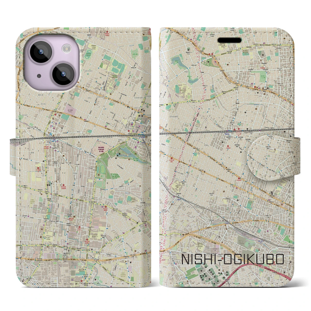 【西荻窪(東京都)】地図柄iPhoneケース(手帳タイプ)ナチュラル・iPhone 14 用