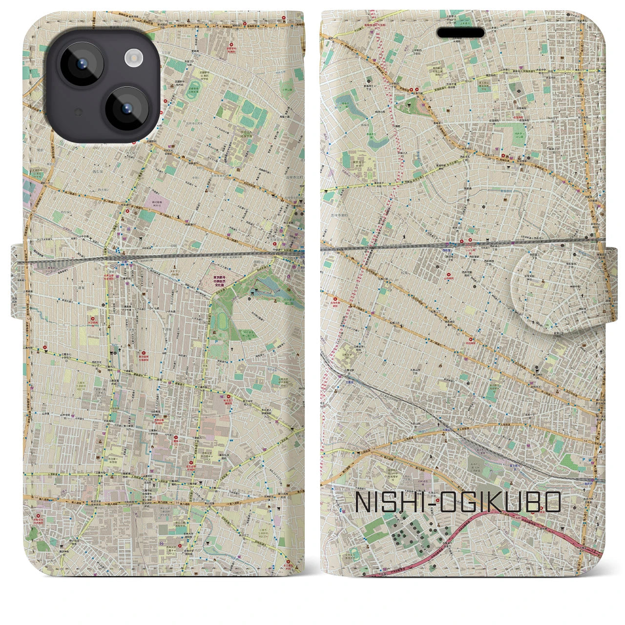 【西荻窪(東京都)】地図柄iPhoneケース(手帳タイプ)ナチュラル・iPhone 14 Plus 用