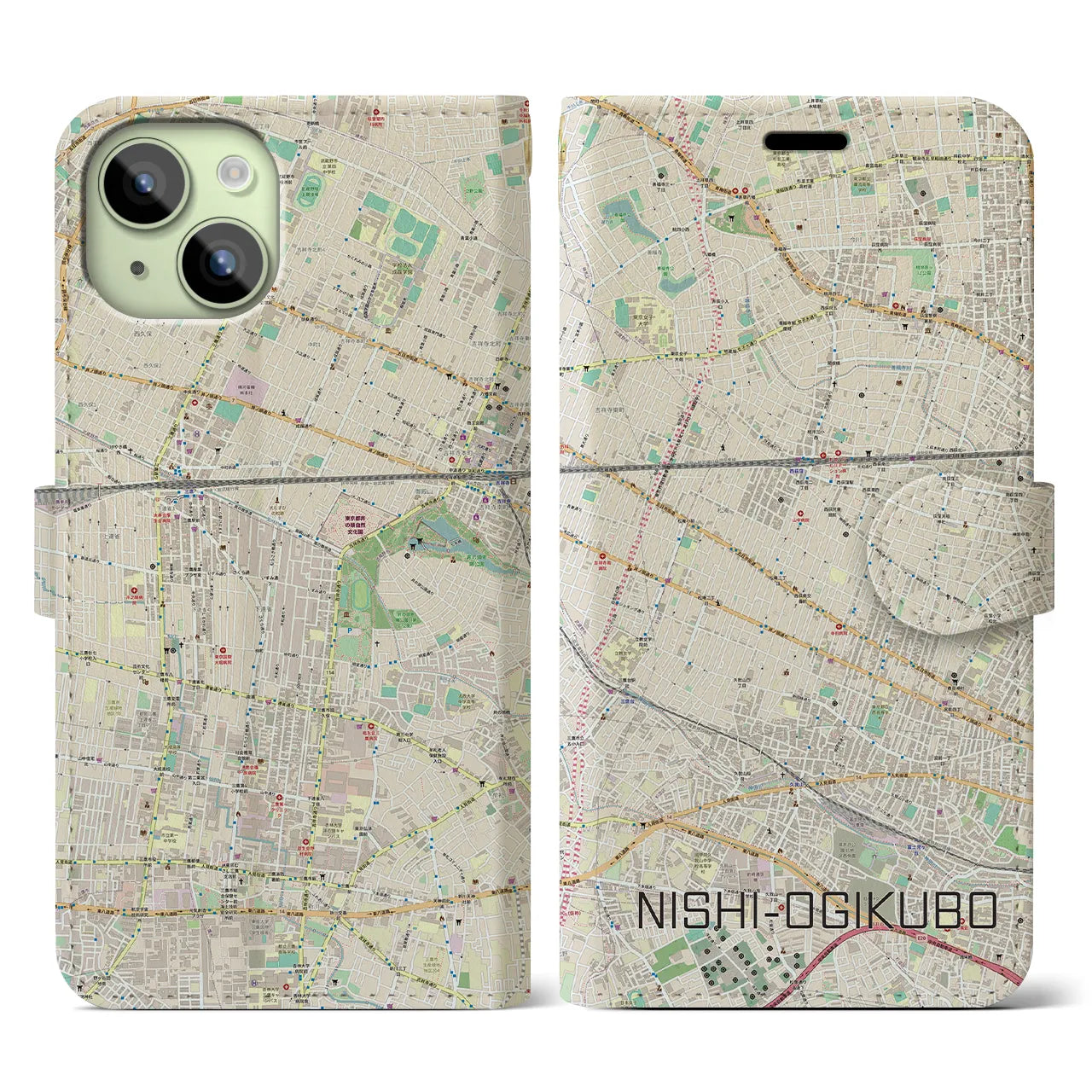 【西荻窪(東京都)】地図柄iPhoneケース(手帳タイプ)ナチュラル・iPhone 15 用