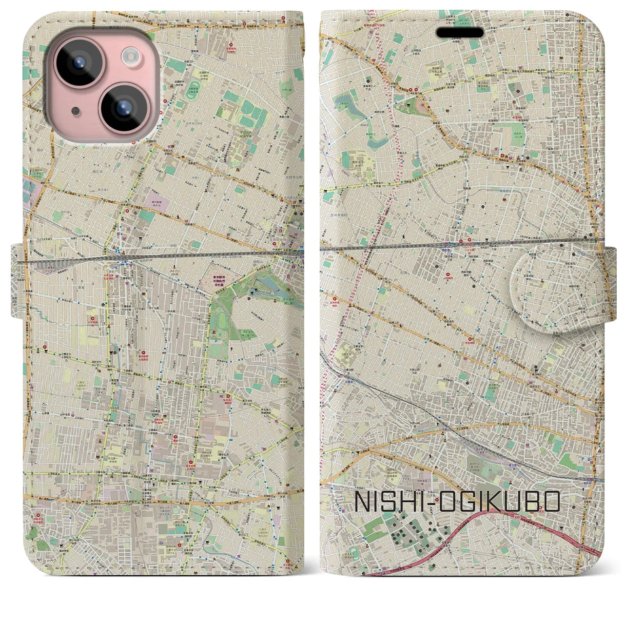 【西荻窪(東京都)】地図柄iPhoneケース(手帳タイプ)ナチュラル・iPhone 15 Plus 用