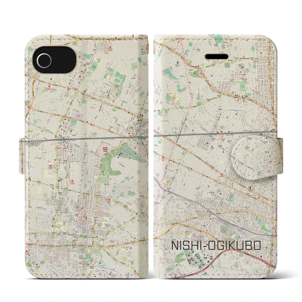 【西荻窪(東京都)】地図柄iPhoneケース(手帳タイプ)ナチュラル・iPhone SE(第3 / 第2世代) / 8 / 7 / 6s / 6 用