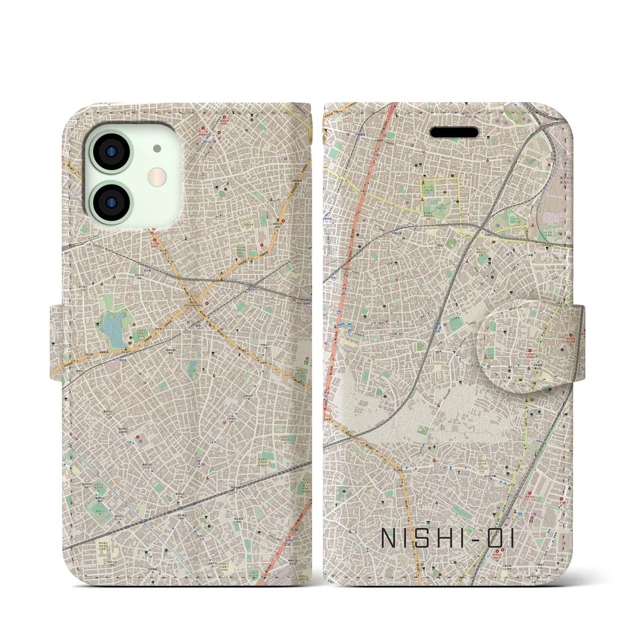 【西大井(東京都)】地図柄iPhoneケース(手帳タイプ)ナチュラル・iPhone 12 mini 用