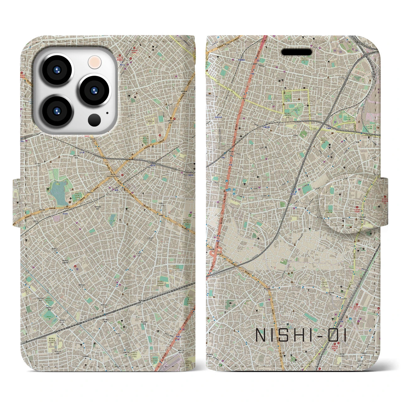 【西大井(東京都)】地図柄iPhoneケース(手帳タイプ)ナチュラル・iPhone 13 Pro 用