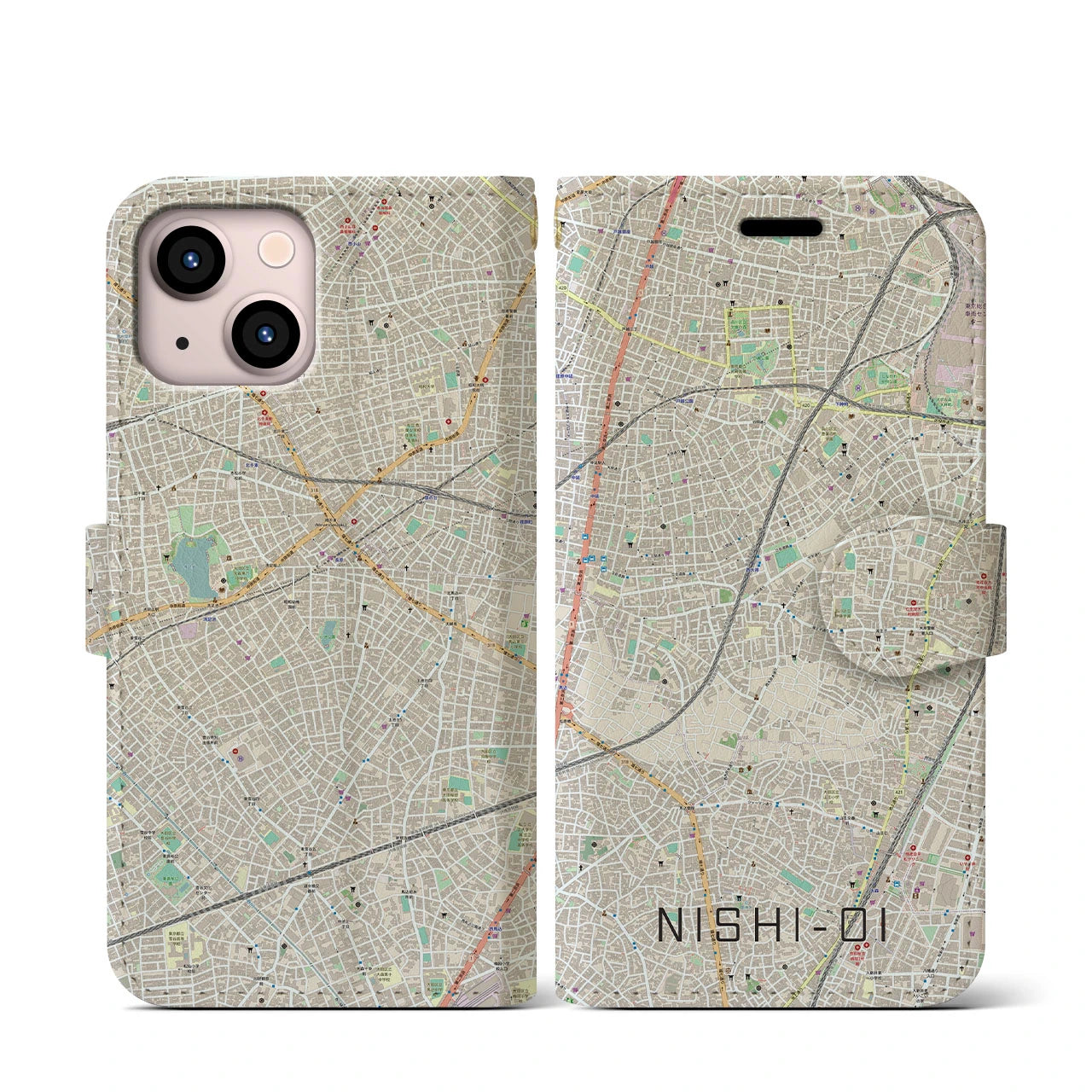 【西大井(東京都)】地図柄iPhoneケース(手帳タイプ)ナチュラル・iPhone 13 mini 用