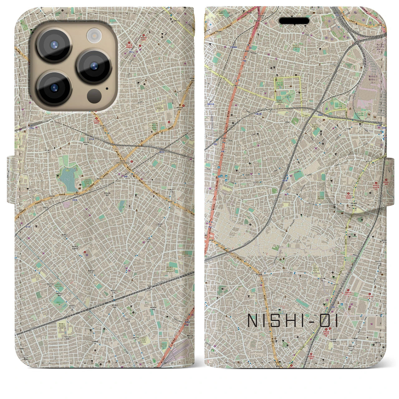 【西大井(東京都)】地図柄iPhoneケース(手帳タイプ)ナチュラル・iPhone 14 Pro Max 用