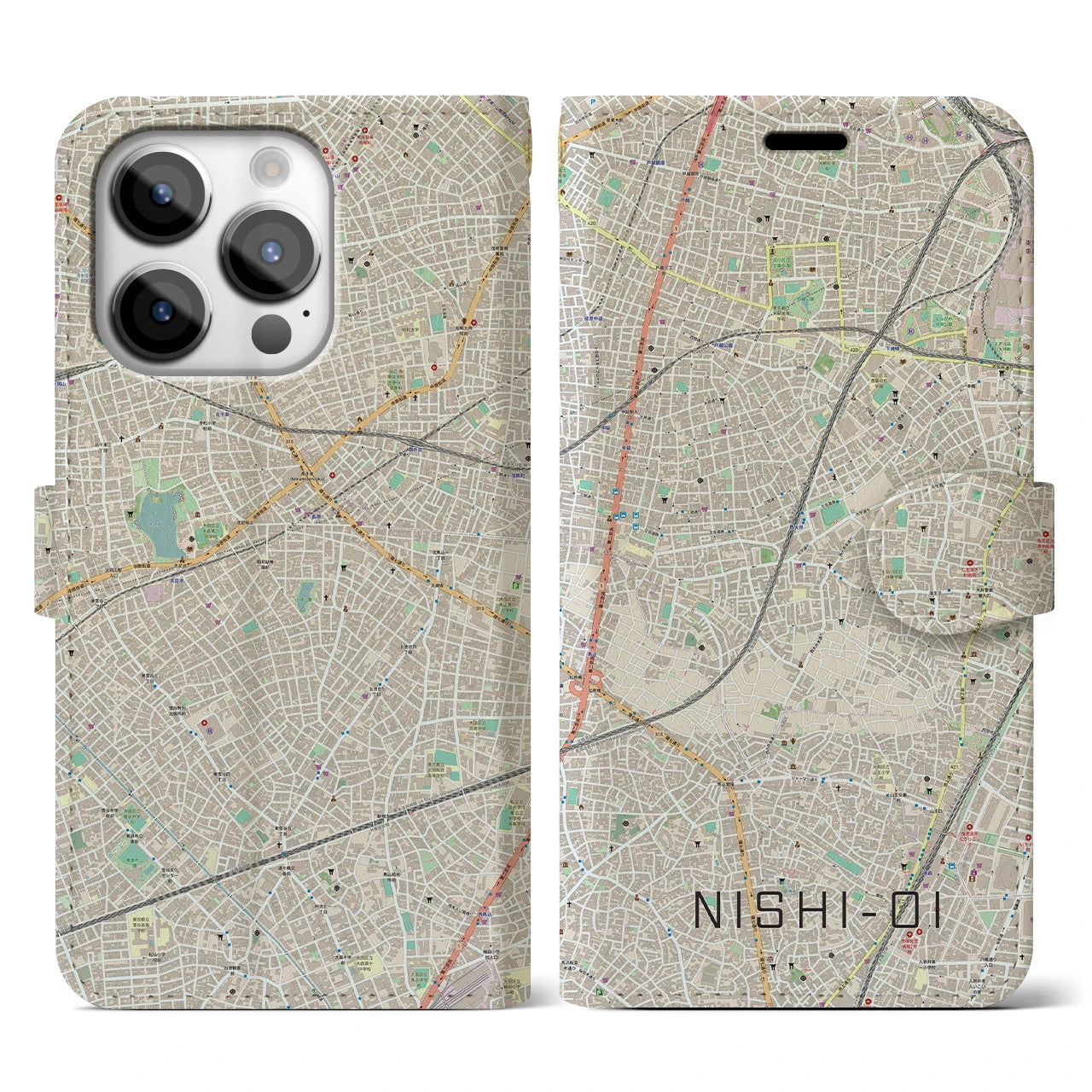 【西大井(東京都)】地図柄iPhoneケース(手帳タイプ)ナチュラル・iPhone 14 Pro 用