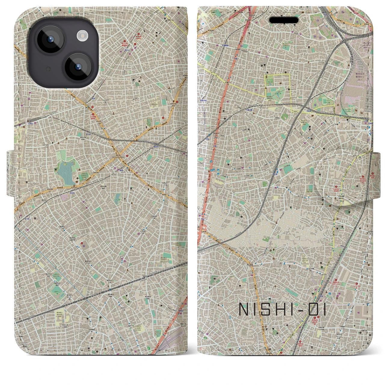【西大井(東京都)】地図柄iPhoneケース(手帳タイプ)ナチュラル・iPhone 14 Plus 用