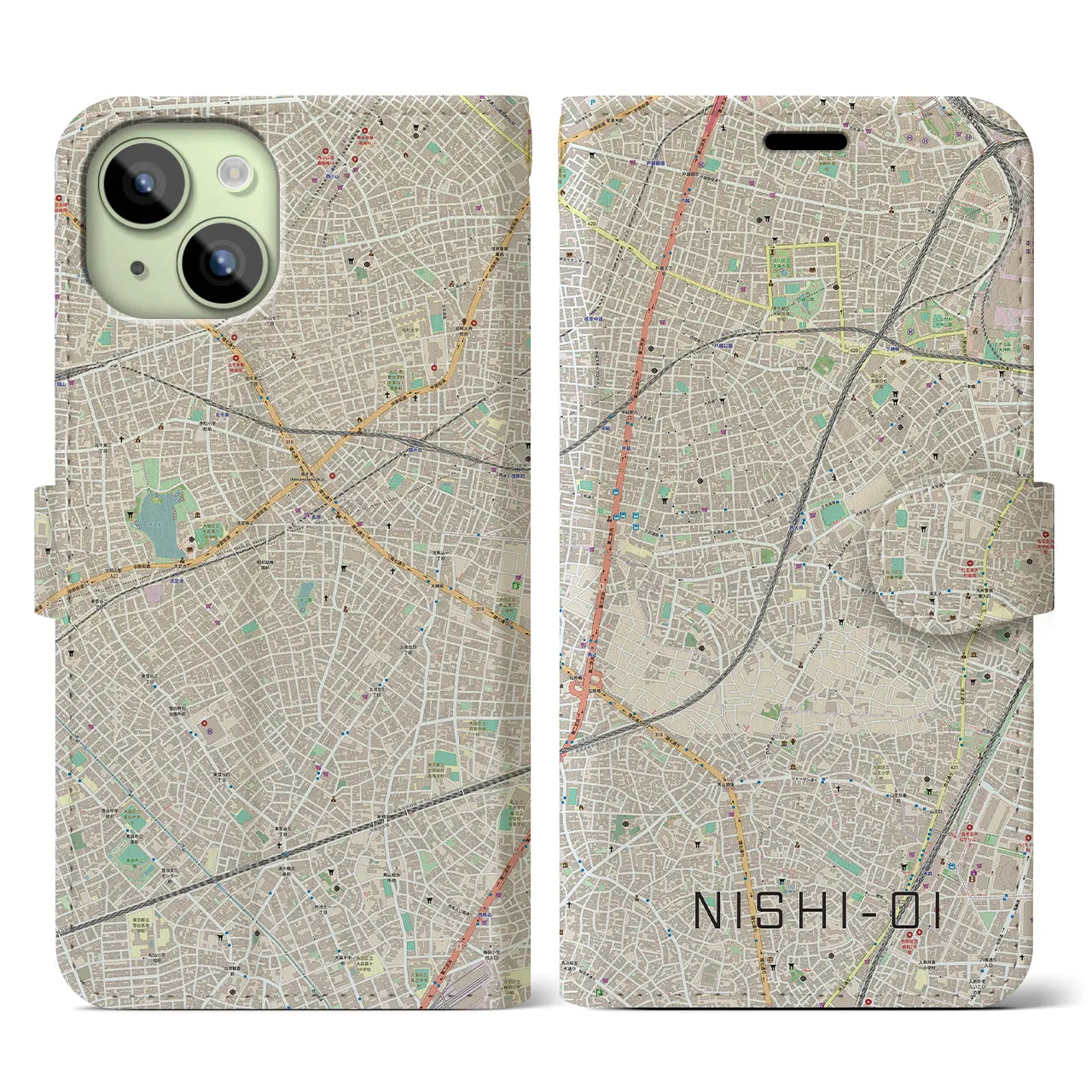 【西大井(東京都)】地図柄iPhoneケース(手帳タイプ)ナチュラル・iPhone 15 用