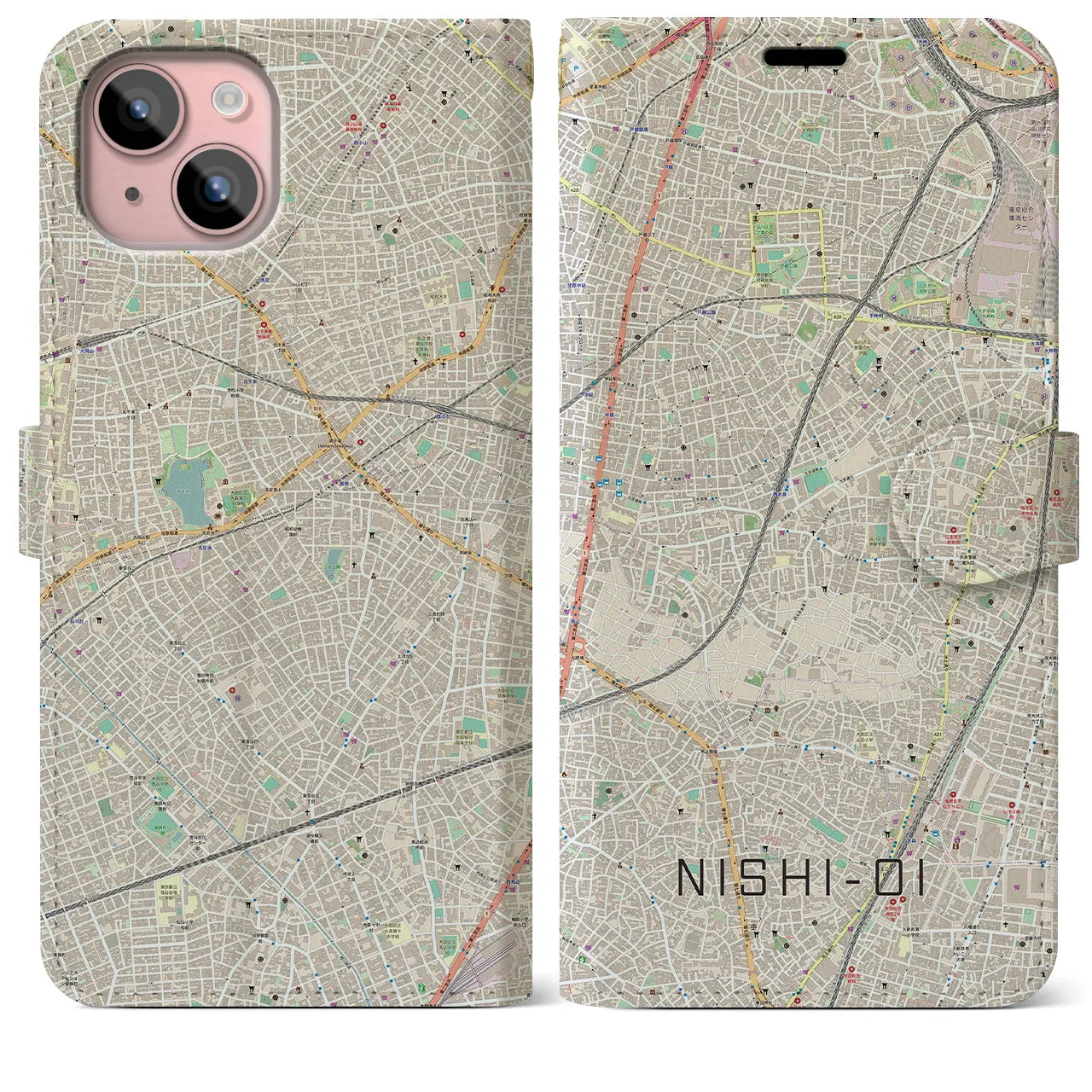 【西大井(東京都)】地図柄iPhoneケース(手帳タイプ)ナチュラル・iPhone 15 Plus 用