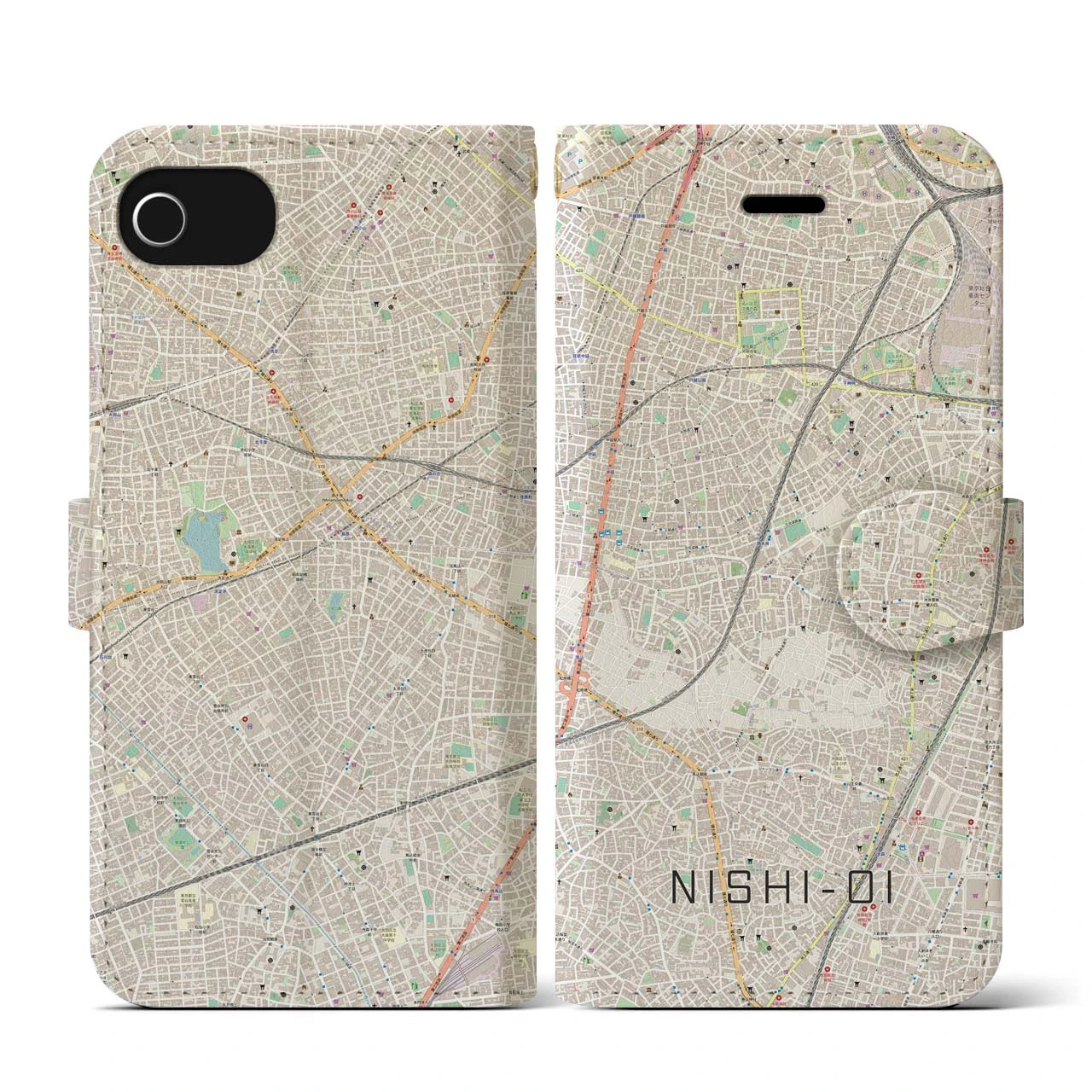 【西大井(東京都)】地図柄iPhoneケース(手帳タイプ)ナチュラル・iPhone SE(第3 / 第2世代) / 8 / 7 / 6s / 6 用
