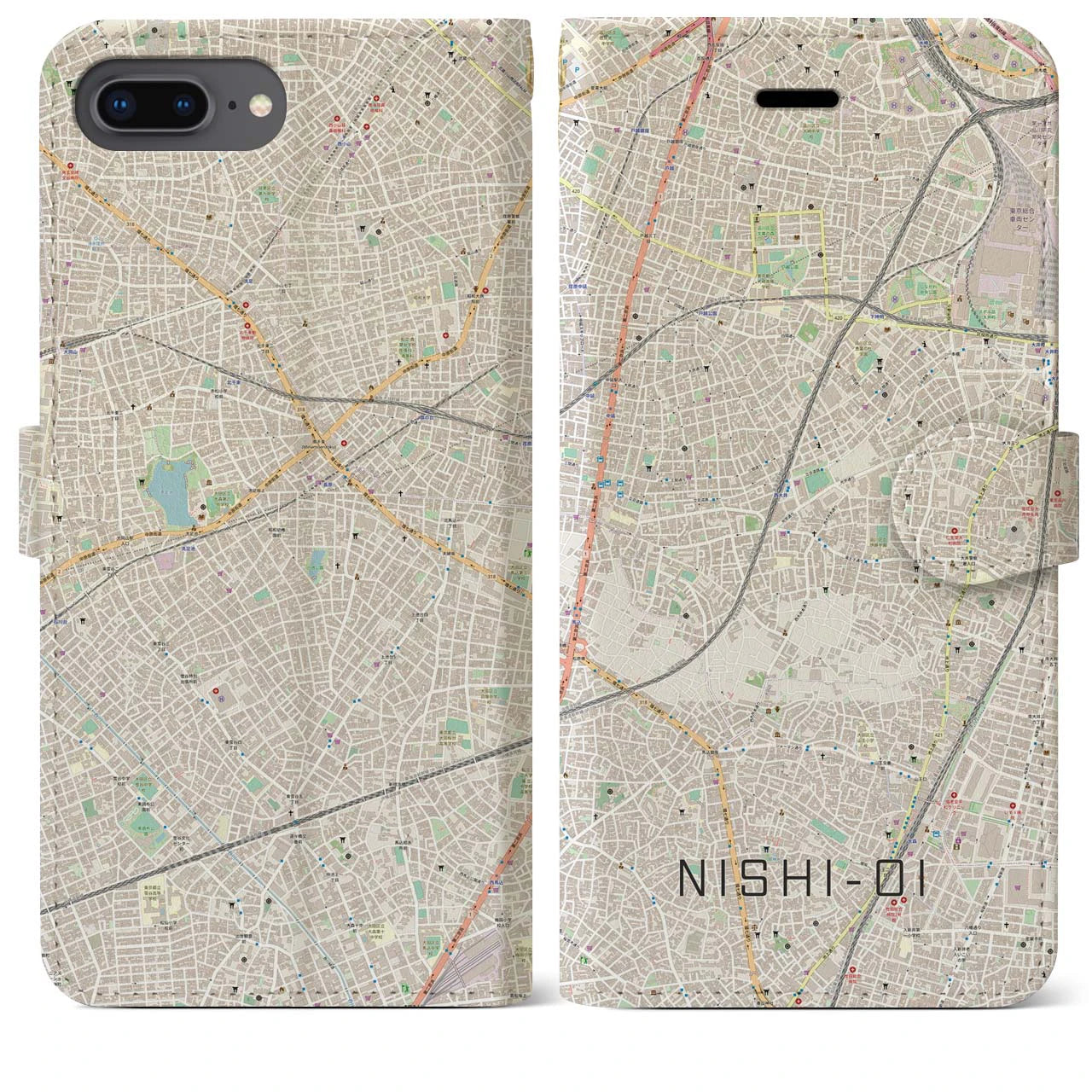 【西大井(東京都)】地図柄iPhoneケース(手帳タイプ)ナチュラル・iPhone 8Plus /7Plus / 6sPlus / 6Plus 用