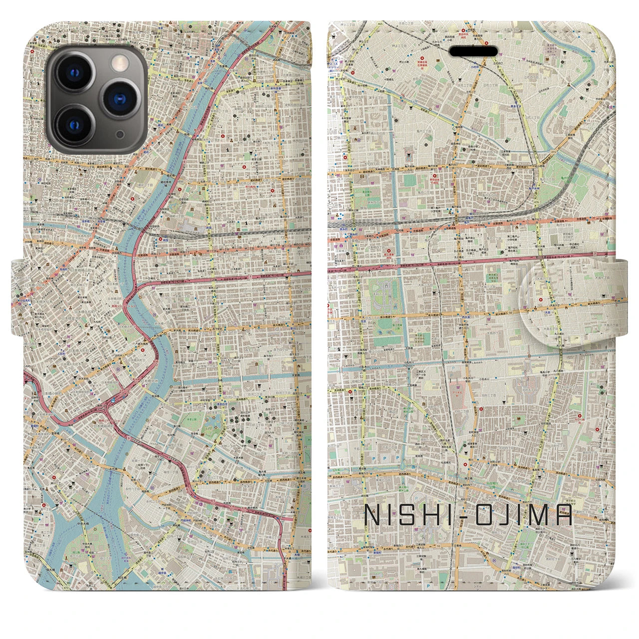 【西大島(東京都)】地図柄iPhoneケース(手帳タイプ)ナチュラル・iPhone 11 Pro Max 用