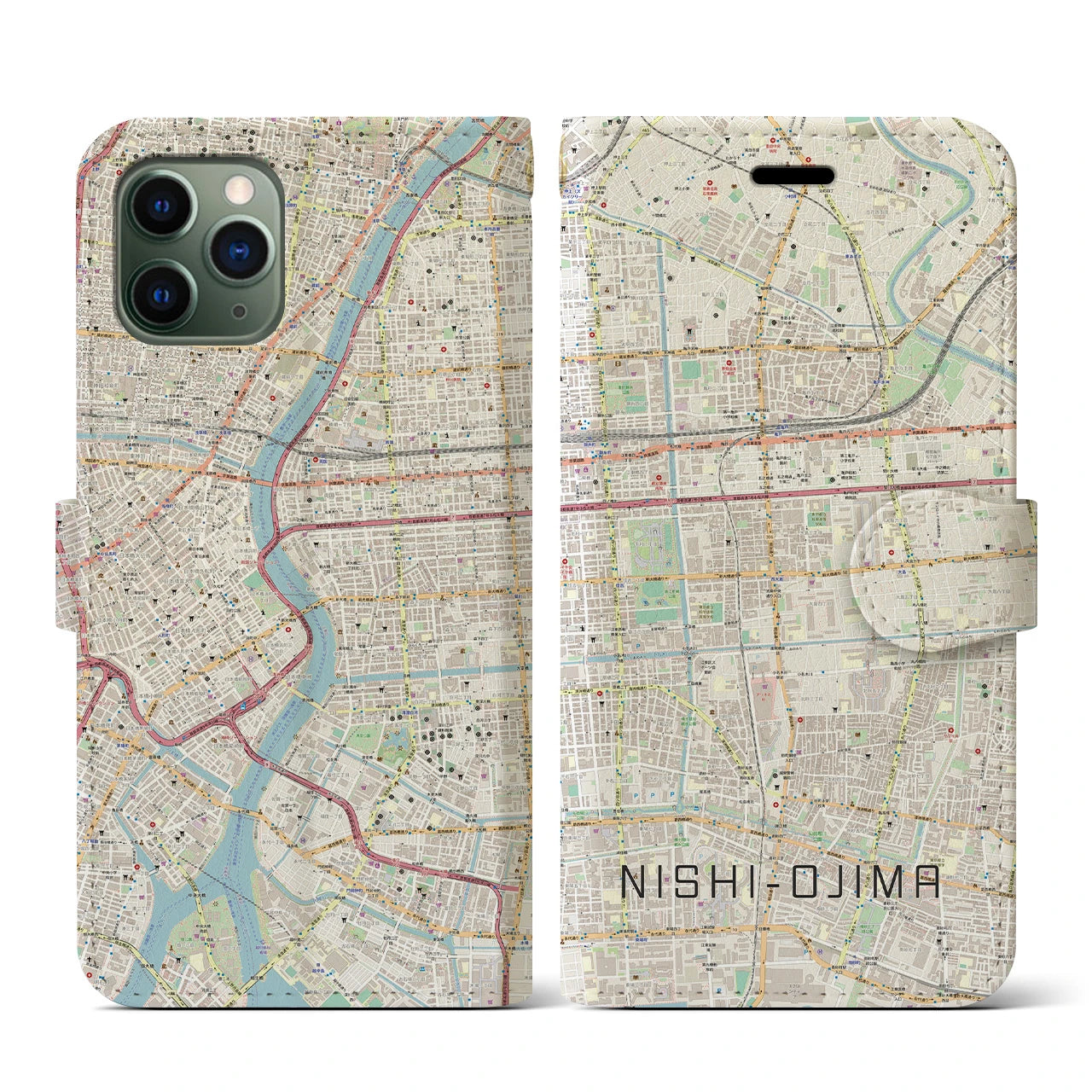 【西大島(東京都)】地図柄iPhoneケース(手帳タイプ)ナチュラル・iPhone 11 Pro 用