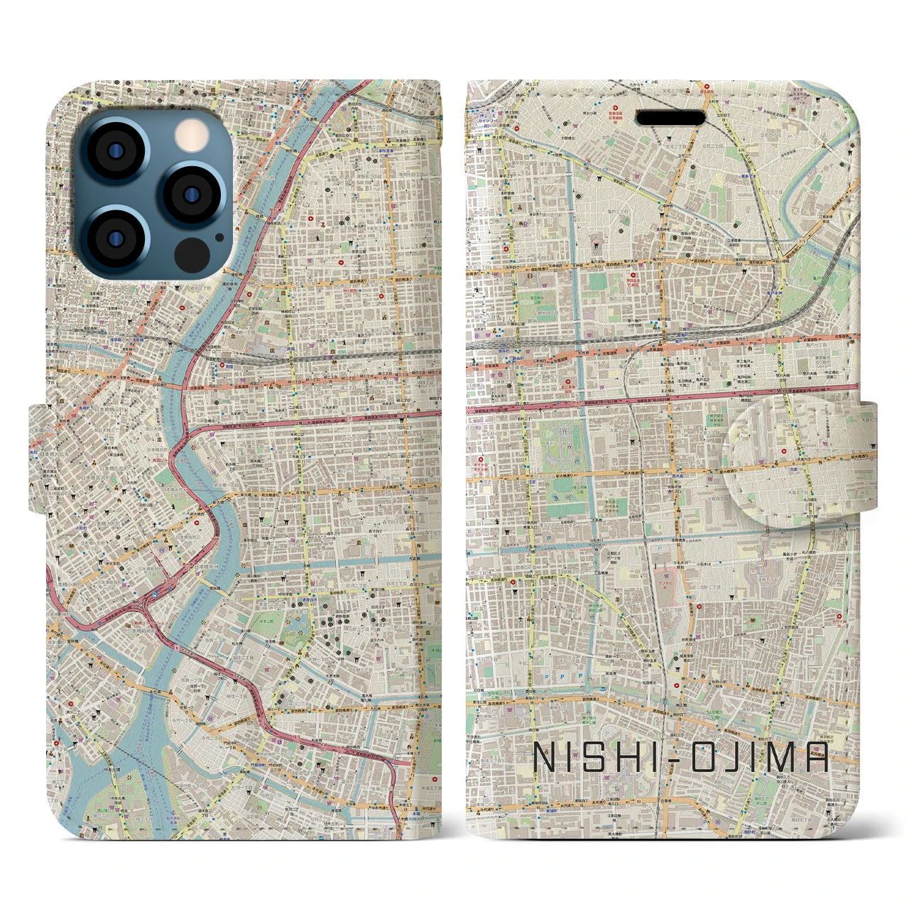 【西大島(東京都)】地図柄iPhoneケース(手帳タイプ)ナチュラル・iPhone 12 / 12 Pro 用