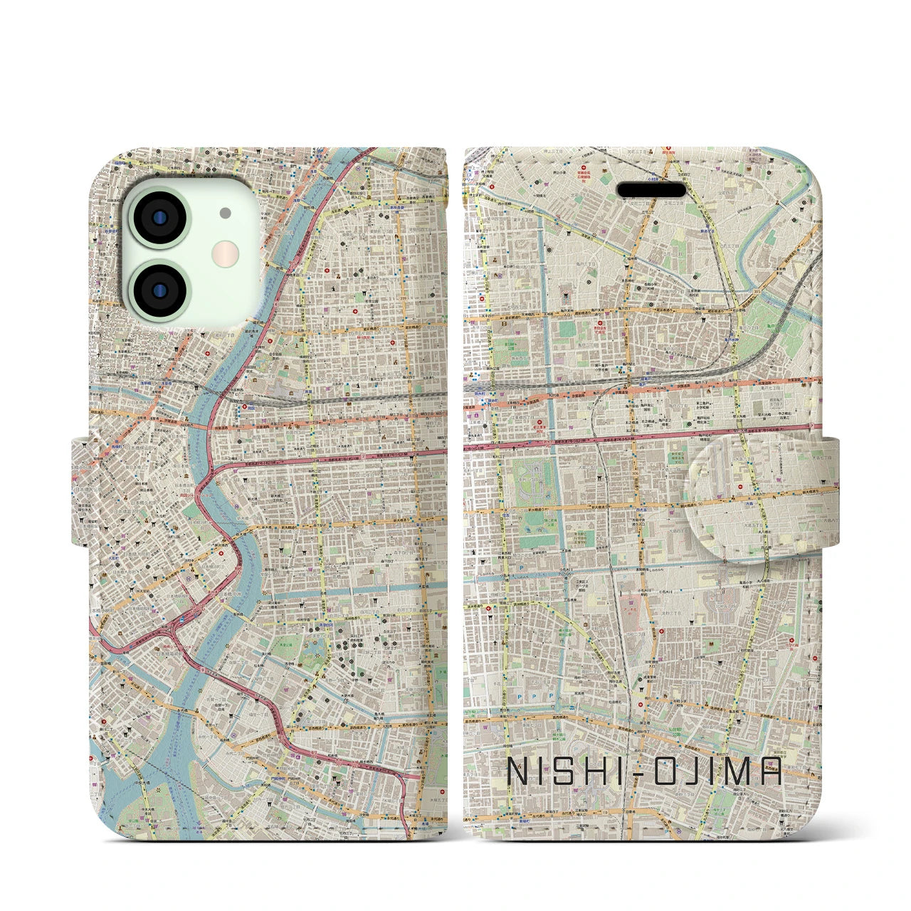 【西大島(東京都)】地図柄iPhoneケース(手帳タイプ)ナチュラル・iPhone 12 mini 用