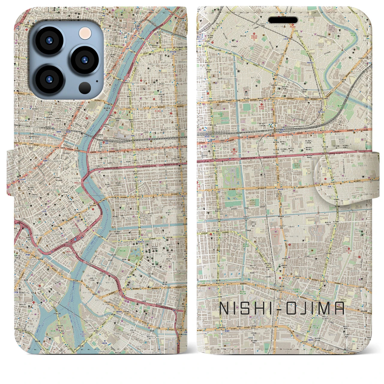【西大島(東京都)】地図柄iPhoneケース(手帳タイプ)ナチュラル・iPhone 13 Pro Max 用