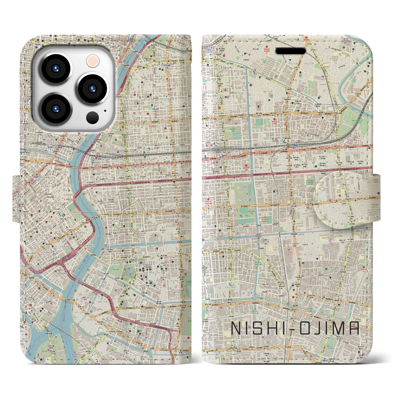 【西大島(東京都)】地図柄iPhoneケース(手帳タイプ)ナチュラル・iPhone 13 Pro 用