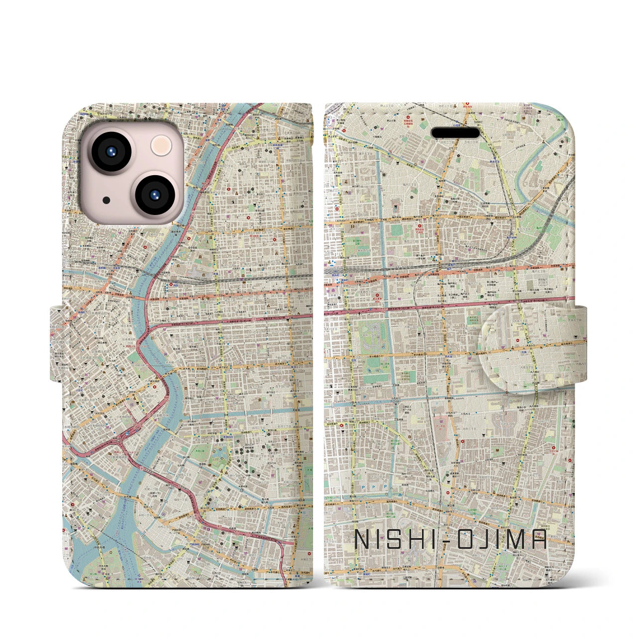 【西大島(東京都)】地図柄iPhoneケース(手帳タイプ)ナチュラル・iPhone 13 mini 用